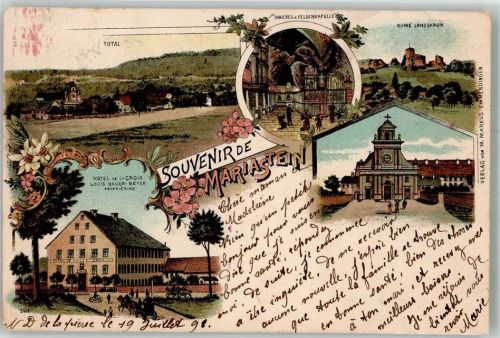 4115 Mariastein 1898 Lithographie Hotel de la Croix Kirche Felsenkapelle Burg Ruine Landskron