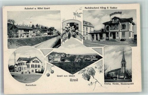 9240 Uzwil 1908 Foto AK Bahnhof Hotel Buchdruckerei Küng und Fischer Ev. Kirche Schule