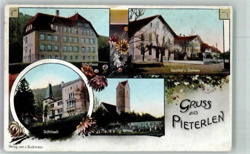 2542 Pieterlen 1913 Foto AK Feldpost Batt.Campagnie Kirche Schloss Gasthaus zum Sternen Schulhaus