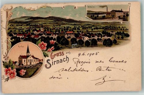 8370 Sirnach 1904 Gebrauchsspuren Fabrik Weberei Kirche Lithographie Eckschaden