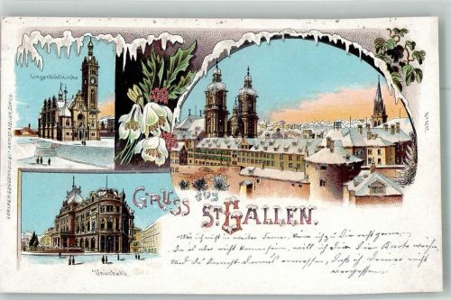 9000 St. Gallen S. Gallo 1900 Winterlithographie Unionbank Lingenbühl- Kirche mit Glitzerauflage