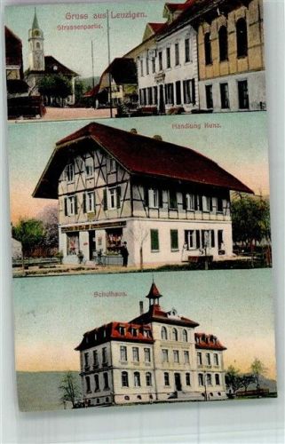 3297 Leuzigen 1910 Foto AK Straßenpartie Handlung Kunz Schulhaus