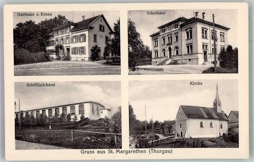 9543 St. Margarethen TG Mörikon Foto AK Fabrik Schifflistickerei Gasthaus z. Krone Kirche Schulhaus
