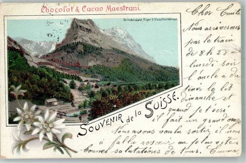 Grindelwald 1904 Lithographie Eiger Viescherhörner Edelweiß Werbung Schkolade Maestrani