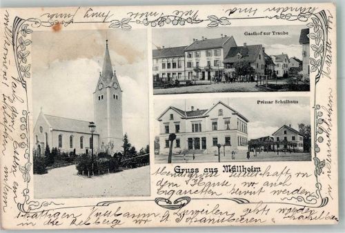 8555 Müllheim TG 1908 Foto AK Gasthaus zur Traube Kirche Primar Schulhaus