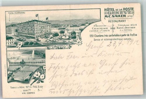 1200 Genève Genf Lithographie Postamt Straßenbahn Hotel de la Poste