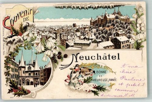 2000 Neuchâtel Neuenburg 1899 Winterlithographie Schloss Neuenburg Place des Halles