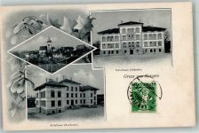 3210 Kerzers 1910 Foto AK Schulhaus Kirche Bahnpost Zug 1258 Marke bildseitig
