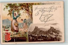 1950 Sion Sitten Lithographie Tracht Frau Ernte Burg Wappen Valais