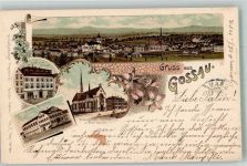 9200 Gossau SG 1899 Lithographie Hotel zum Ochsen Hotel Bahnhof Schutzengel- Kirche Schule