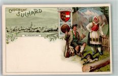 Klagenfurt 01.Bez.:Innere Stadt Wappen v. Kärnthen Tracht Jäger Suchard Schokolade 1899 Lithographie / Mondschein