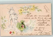 Wilhelm Tell mit Sohn vor Gebirgslandschaft Edelweiss Motiv Schweiz 1901 Prägedruck