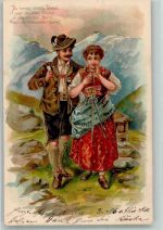 Verliebtes Paar in Tracht vor Hochgebirgskulisse Pfeife Poesie / Liebe Tracht Schweiz 1906 Prägedruck