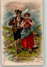 Verliebtes Paar in Tracht vor Hochgebirgskulisse Pfeife Poesie / Liebe Tracht Schweiz 1906 Prägedruck