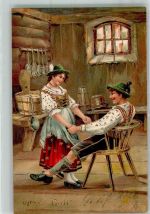 Junges Paar in alpenländischer Tracht in der Bauernstube Poesie / Liebe Tracht Schweiz 1905 Prägedruck