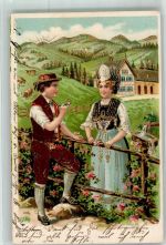 Paar in Tracht am Gartenzaun Pfeife Poesie / Liebe Hüttenstempel Seealpsee Tracht Schweiz 1905 Prägedruck