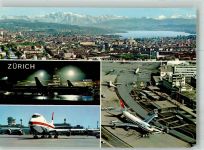 8302 Kloten 1990 Foto AK Panorama der Stadt Jets der Swissair Fotograf Baumann Sonderstempel