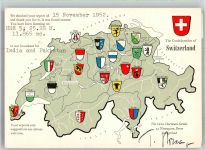 Karte der Schweiz mit den Wappen der Kantone Motiv Schweiz 1952 Künstlerkarte