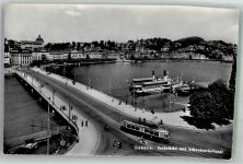 6000 Luzern Lucerne Foto AK Seebrücke Schweizerhofquai Straßenbahn Dampfschiffe