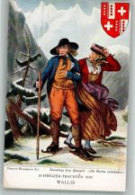 sign. Rossignon Octavie Schweizer Trachten 1830 Wallis Tracht Schweiz Künstlerkarte