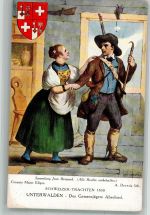 sign. Deveria A. Trachten Schweiz 1930 Unterwalden Abschied Tracht Schweiz Künstlerkarte