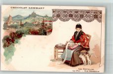 Chocolat Lombart Les Dentelles Klöppeln Katze Hansi Schokolade Lithographie / Künstlerkarte