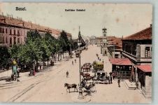 Basel Bâle Postkutsche Badischer Bahnhof Straßenbahn Bahnhof Schweiz Foto AK