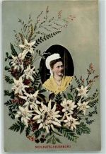 Finhaut 1908 Neuenburger Frau in Tracht mit Edelweissumrandung Ort lt. Stempel