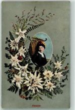 Finhaut Tessiner Trachtenfrau mit Tragkorb mit Edelweiss umrahmt Ort lt. Stempel