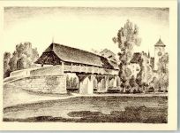 3270 Aarberg Radierung Alte Holzbrücke Zeichnung sign. F.Wyss