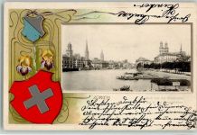 8000 Zürich 1901 Lithographie / Prägedruck Blick von der Quaibrücke auf die drei Hauptkirchen Jugendstilrahmen