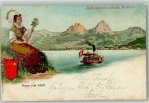 6441 Rütli 1899 Lithographie Schwyzerin und die Mythen Tracht Dampfer