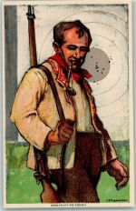 1924 Künstlerkarte Schweizerischer Schützenverein Mann Gewehr Pfeife Zielscheibe sign J. E. Hugentobler