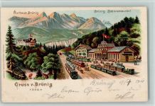 Brünig Gruss aus - Bahnhof mit 4 Eisenbahnen, Verlag Guggenheim Bahnhof Schweiz 1901 Lithographie
