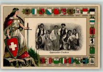 Prägedruck Appenzeller Trachtengruppe Helvetia Lithographie Wappen