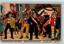 8000 Zürich Lithographie / Künstlerkarte Schützenumzug klassischer Sonderstempel Fahne