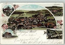 Worb 1902 Haushaltungsschule Rüttihubelbad Enggisteinbad Bahnhof Lithographie