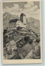 7320 Sargans Gebrauchsspuren Schloss mit Falknis sign Künstlerkarte