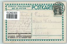 8000 Zürich Künstlersteindruck Pfalzgasse mit St. Peter Abgeordnetenversammlung des Schweiz. Samariterbundes 21. und 22. August 1920 sign E. E. Schlatter