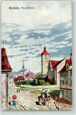 9200 Gossau SG Lithographie Hauptplatz Kutsche Kirche Turm Manufactur Pferde Frau Schirm Kins