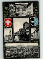 Brugg AG 1912 Aarebrücke u. schwarzer Turm Römisch. Kath. Kirche Eisenbahnbrücke Hauptstraße Wappen