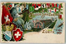 Zürich 1905 Eidgen. Sängerfest Schwan Harfe Fahne Wappen Lithographie