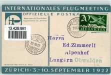 Zürich 1922 Int. Flugmeeting Fliegeraufnahme der Ad. Asta Flugpost