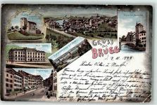 Brugg AG 1898 Habsburg Turm mit Aarebrücke Genie Kaserne Hauptstraße Eisenbahnbrücke Lithographie