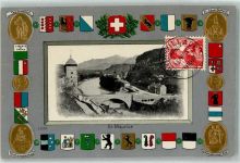 St-Maurice 1909 Turm Brücke Telldenkmal St. Jakondenkmal Nationaldenkmal Genf Winkelrieddenkmal Wappen Münze Gold