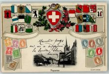 Payerne 1910 Wappen Eichenblatt Horn Schleife Kranz Blumen Briefmarkenabbildungen Kirche