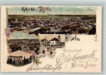 Rüti ZH 1898 Lithographie Maschinenfabrik Kirche Kranken-Asyl Glückwunsch Neujahr