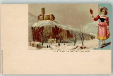 Martigny Chateau La Batiaz Valais Schnee Winter Frau Tracht Spiegel