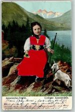 1906 mit echter Stoff Applikation Kind mit einer Ziege AK