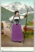 1900 Frau mit echter Stoff Applikation Prägedruck Verlag Künzli Tobler Nr. 37 AK